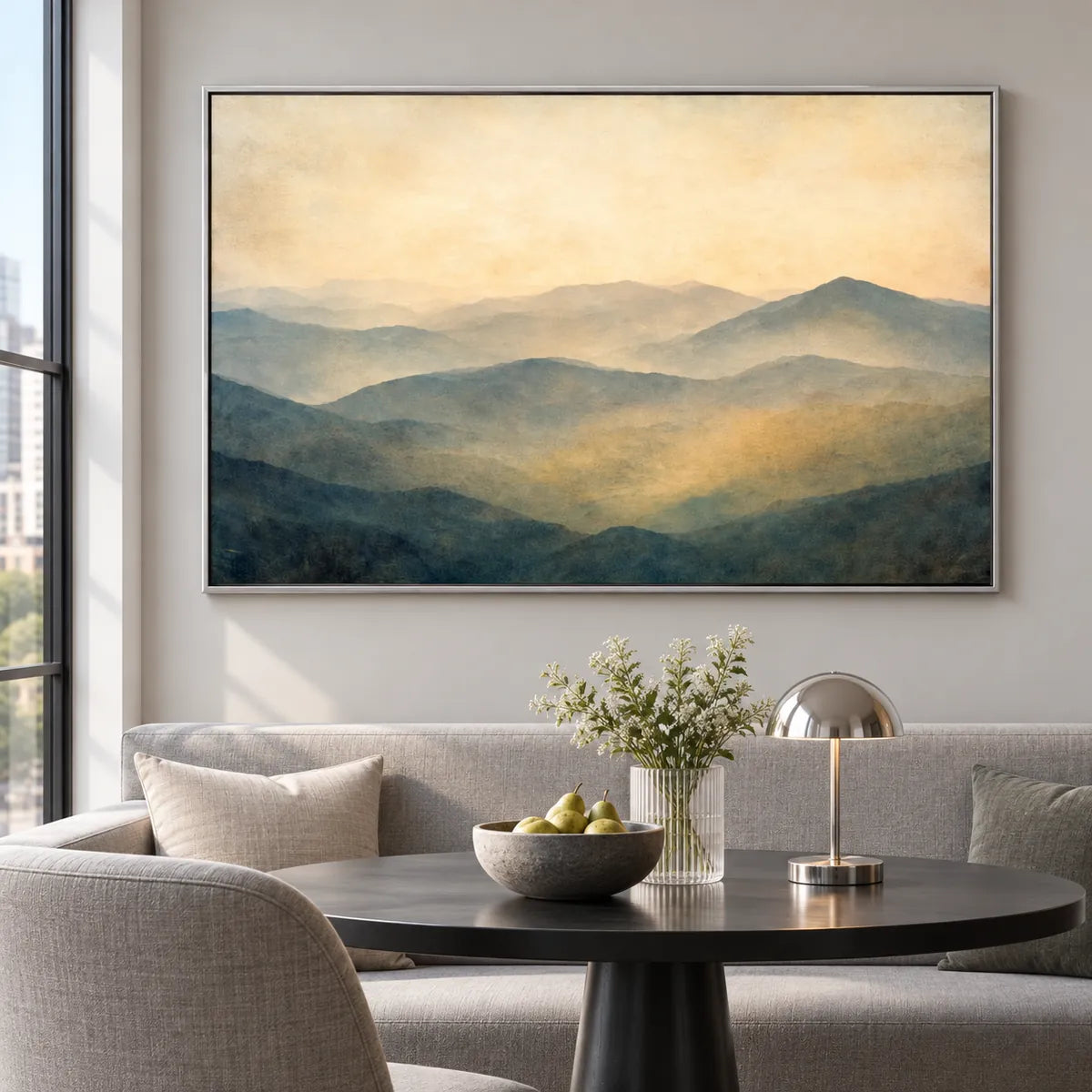 Warm Misty Mountain Landscape Painting TA#2930 — Silver Frame existing room preview