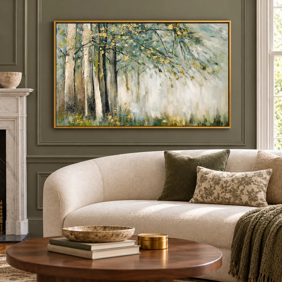 Misty Birch Forest Landscape Painting TA#2931 — Gold Frame existing room preview