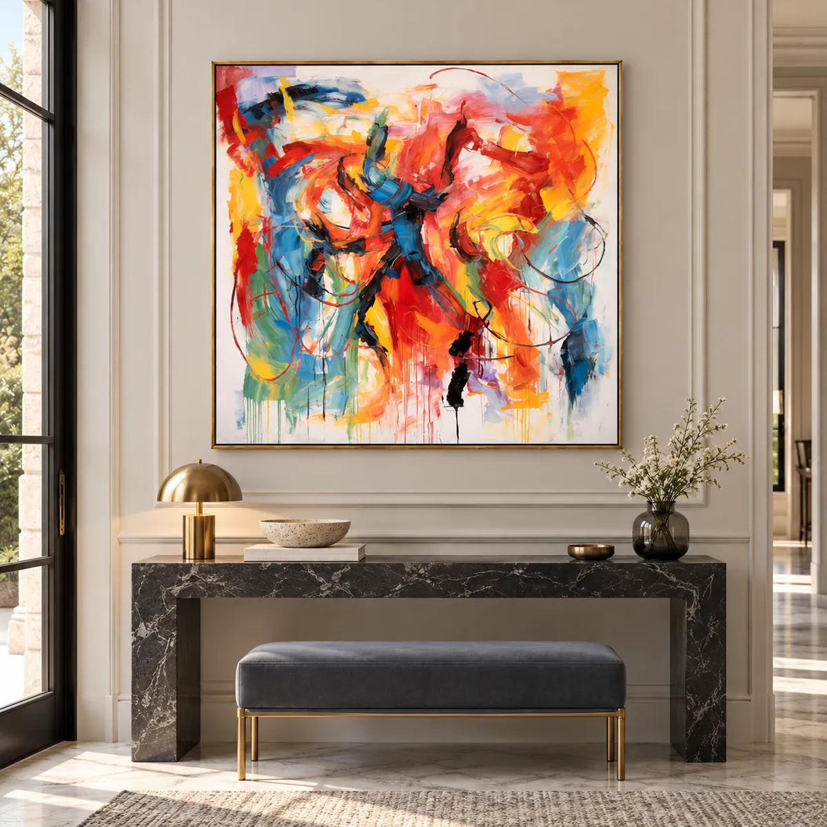 Bold Color Abstract Expressionist Painting TA#2932 — Gold Frame existing room preview
