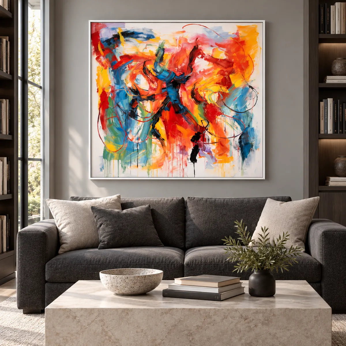 Bold Color Abstract Expressionist Painting TA#2932 — White Frame existing room preview