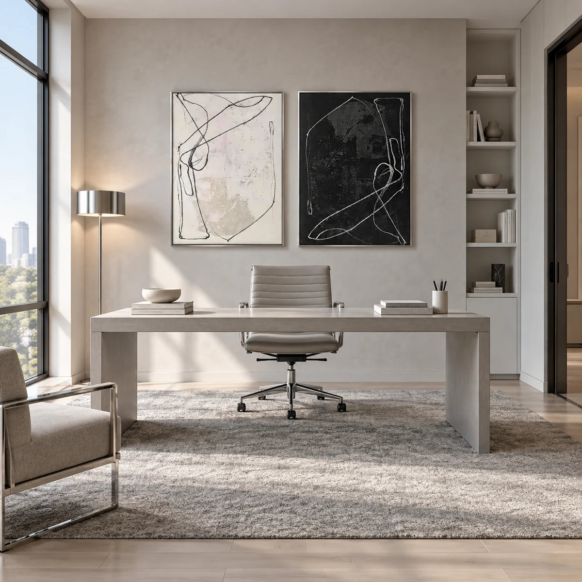 Black & White Minimal Line Diptych TA#2936 — Silver Frame existing room preview