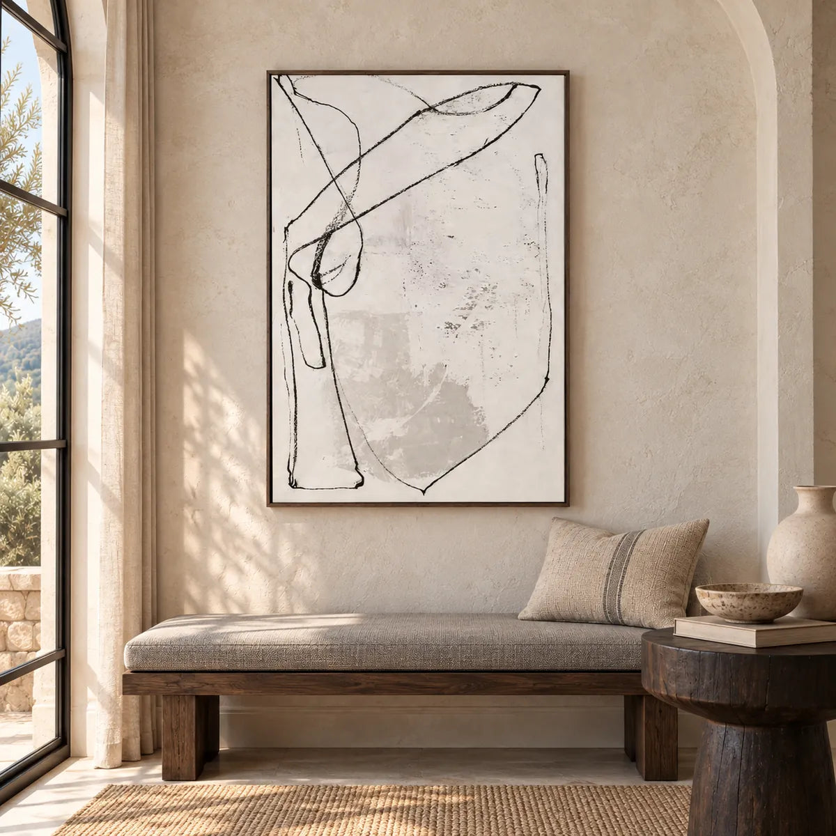 Cream Minimal Line Abstract Painting TA#2937 — Dark Wood Frame existing room preview