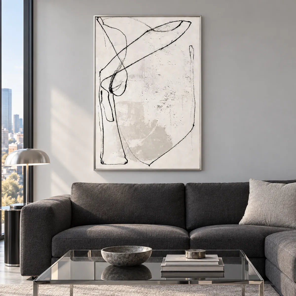 Cream Minimal Line Abstract Painting TA#2937 — Silver Frame existing room preview