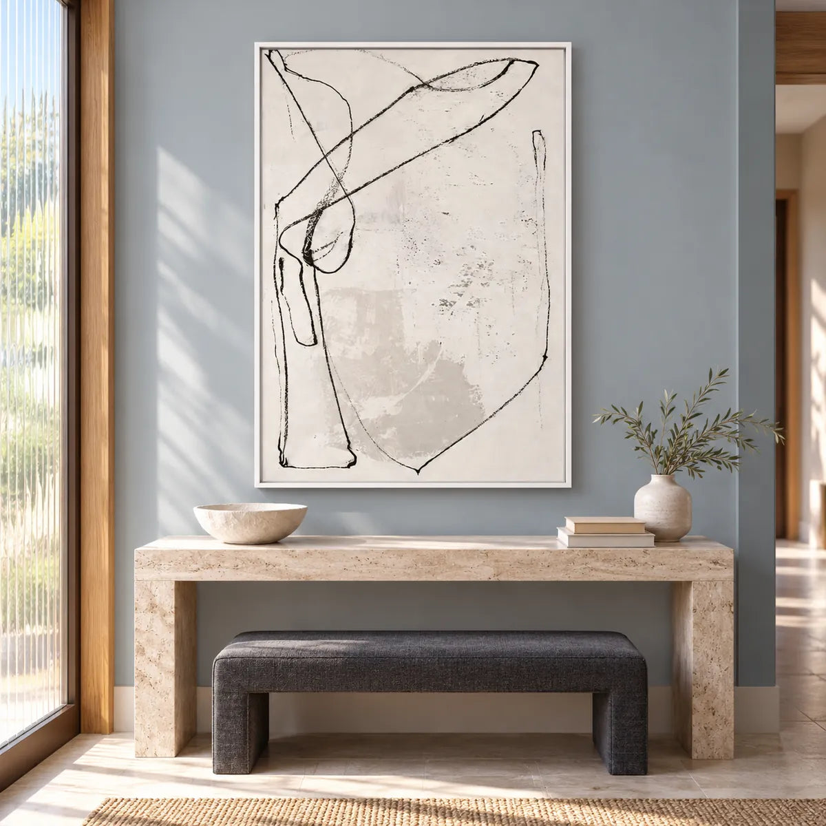 Cream Minimal Line Abstract Painting TA#2937 — White Frame existing room preview