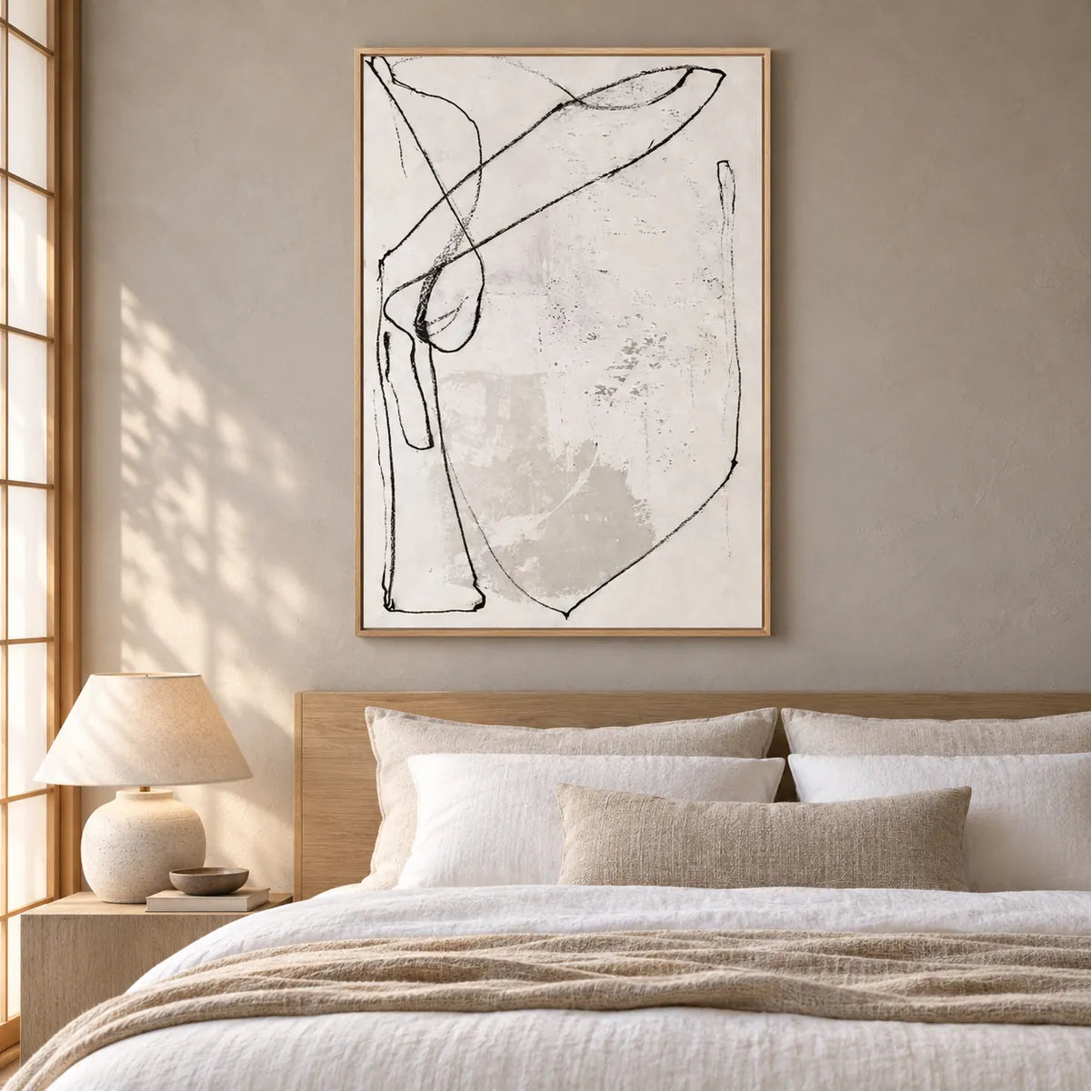Cream Minimal Line Abstract Painting TA#2937 — Wood Frame existing room preview