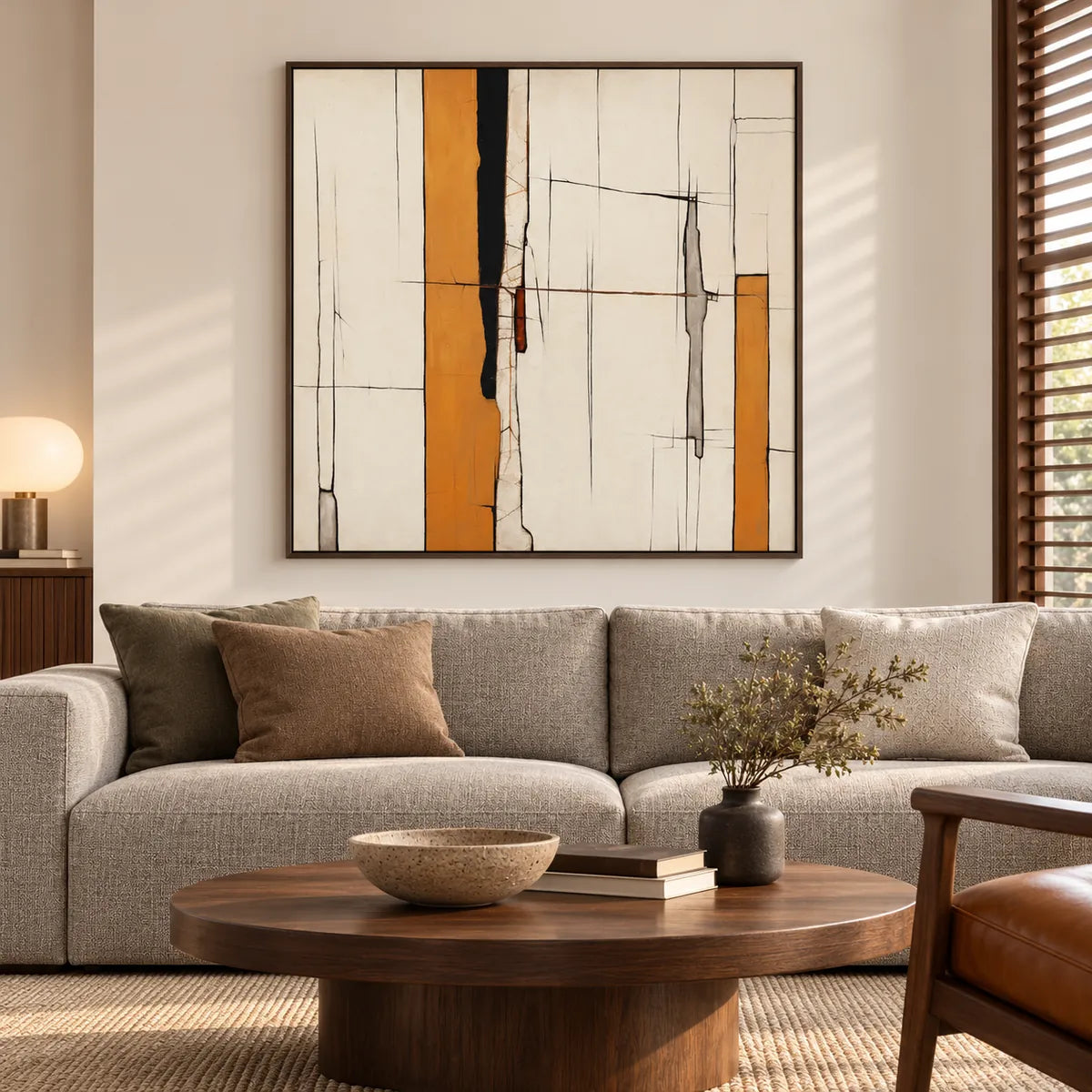 Saffron Minimal Geometric Line Abstract Painting TA#2940 — Dark Wood Frame existing room preview