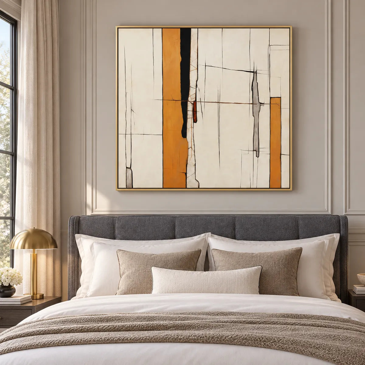 Saffron Minimal Geometric Line Abstract Painting TA#2940 — Gold Frame existing room preview