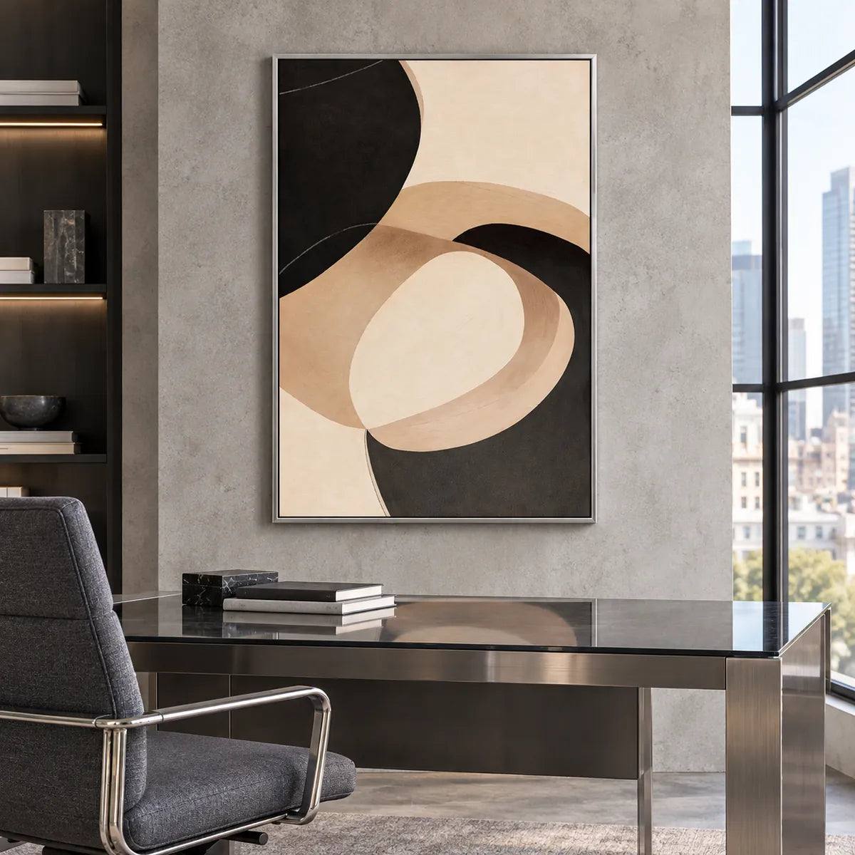 Cream Cocoa Minimal Abstract Painting TA#2942 — Silver Frame existing room preview