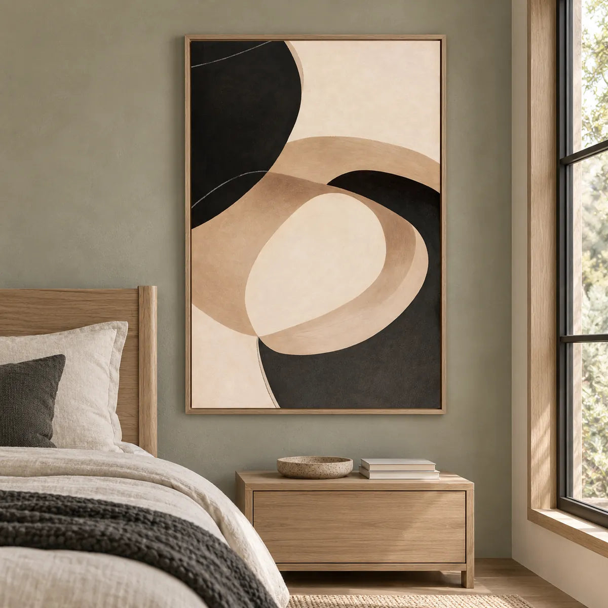 Cream Cocoa Minimal Abstract Painting TA#2942 — Wood Frame existing room preview