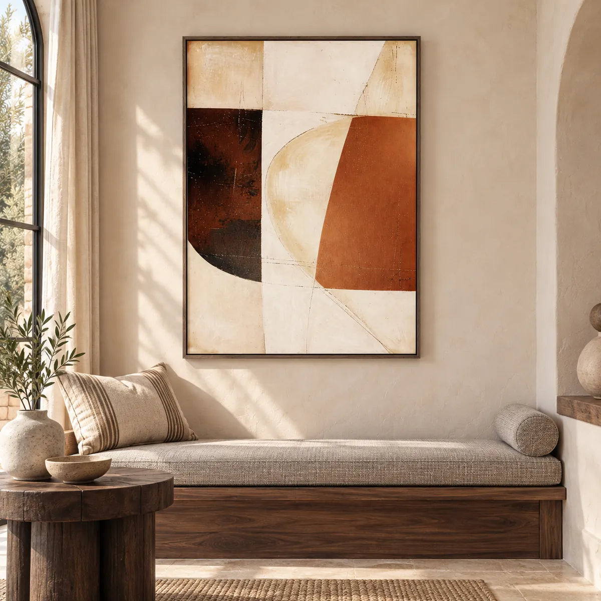 Terracotta Geometric Abstract Painting TA#2943 — Dark Wood Frame existing room preview