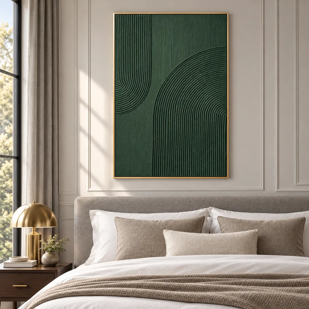 Dark Green Textured Abstract Painting TA#2945 — Gold Frame existing room preview