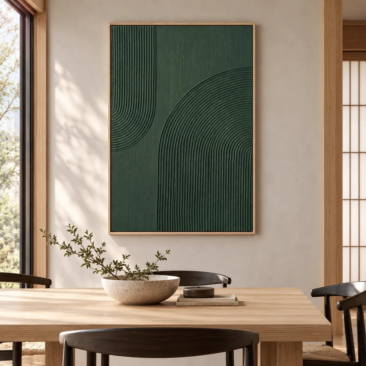 Dark Green Textured Abstract Painting TA#2945 — Wood Frame existing room preview