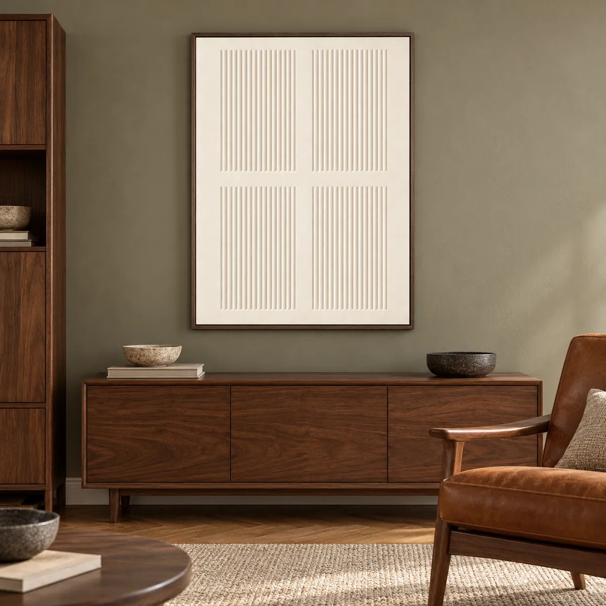 Textured Minimal Relief Wall Art TA#2946 — Dark Wood Frame existing room preview