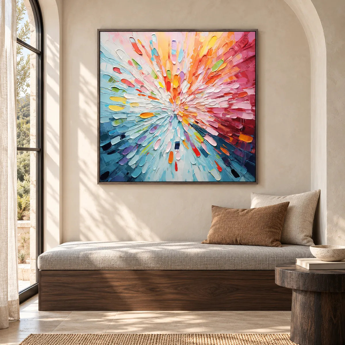 Colorful Impasto Abstract Painting TA#2947 — Dark Wood Frame existing room preview