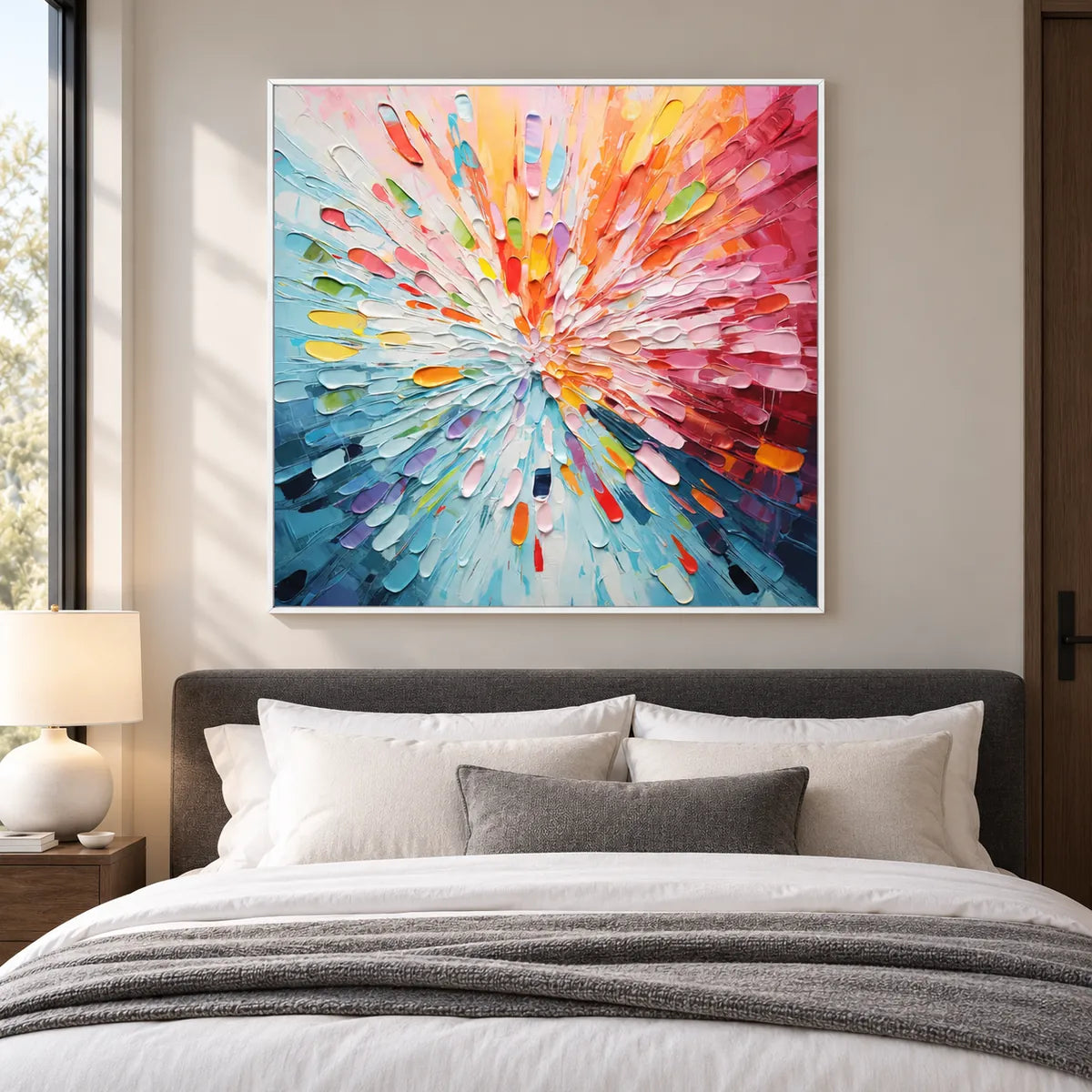 Colorful Impasto Abstract Painting TA#2947 — White Frame existing room preview