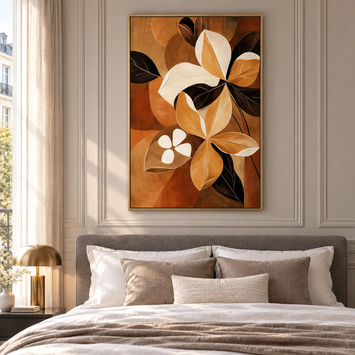 Amber Petal Bloom Abstract Painting TA#3003 — Gold Frame existing room preview