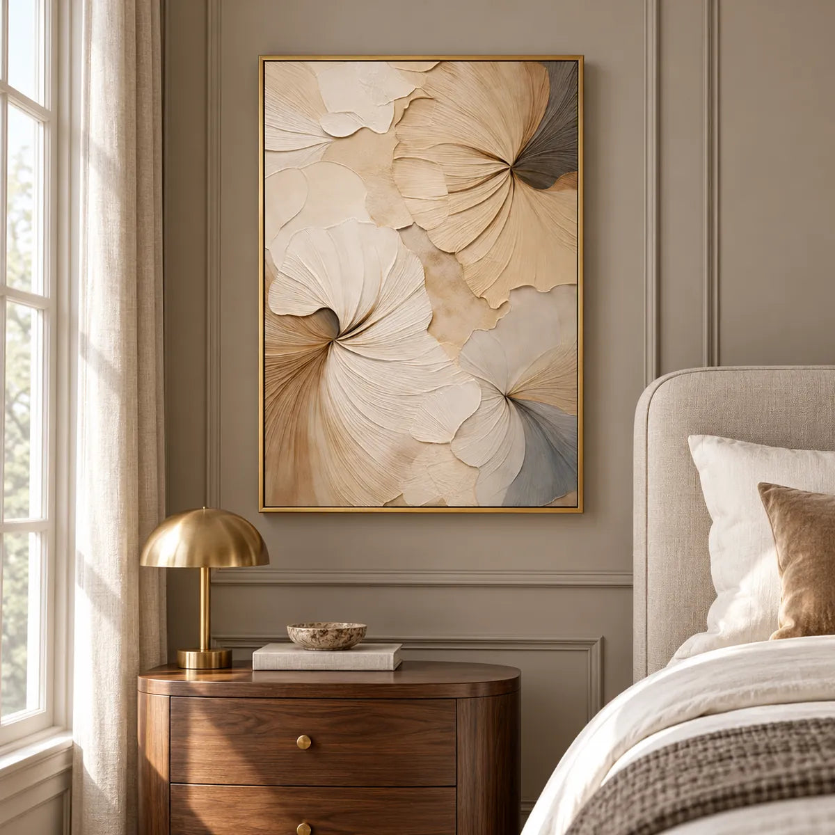 Featherveil Bloom Abstract Painting TA#3004 — Gold Frame existing room preview