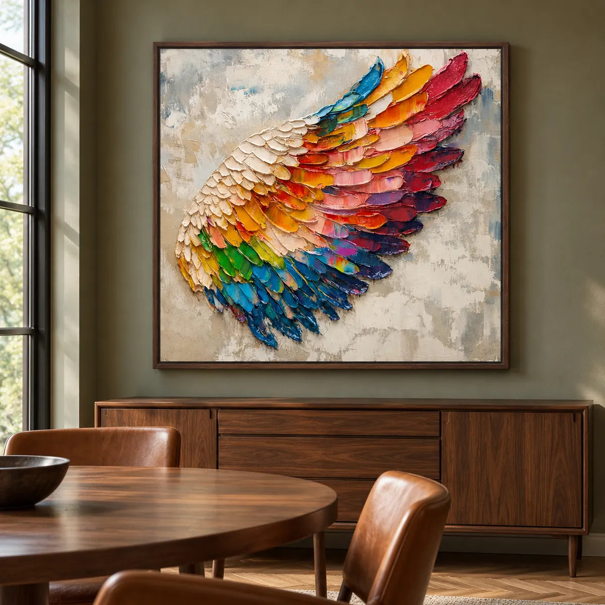 Colorful Textured Abstract Painting TA#3006 — Dark Wood Frame existing room preview