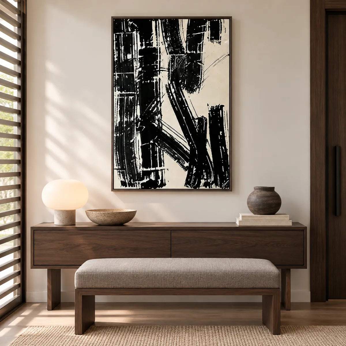 Black & White Abstract Painting TA#3007 — Dark Wood Frame existing room preview