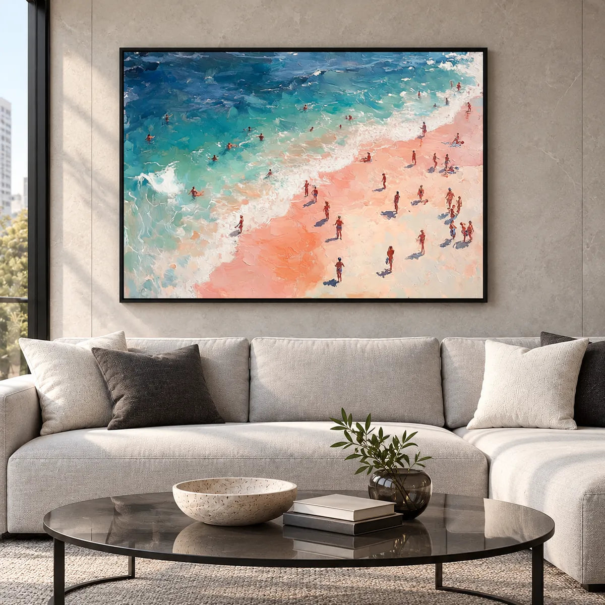 Sunlit Beach Impressionist Painting TA#3009 — Black Frame existing room preview