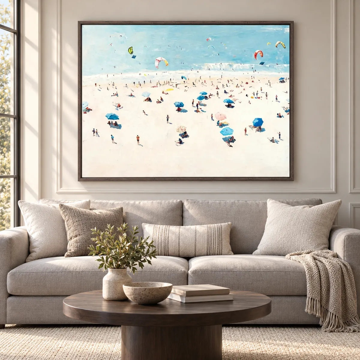 Sunlit Coastal Beach Painting TA#3011 — Dark Wood Frame existing room preview