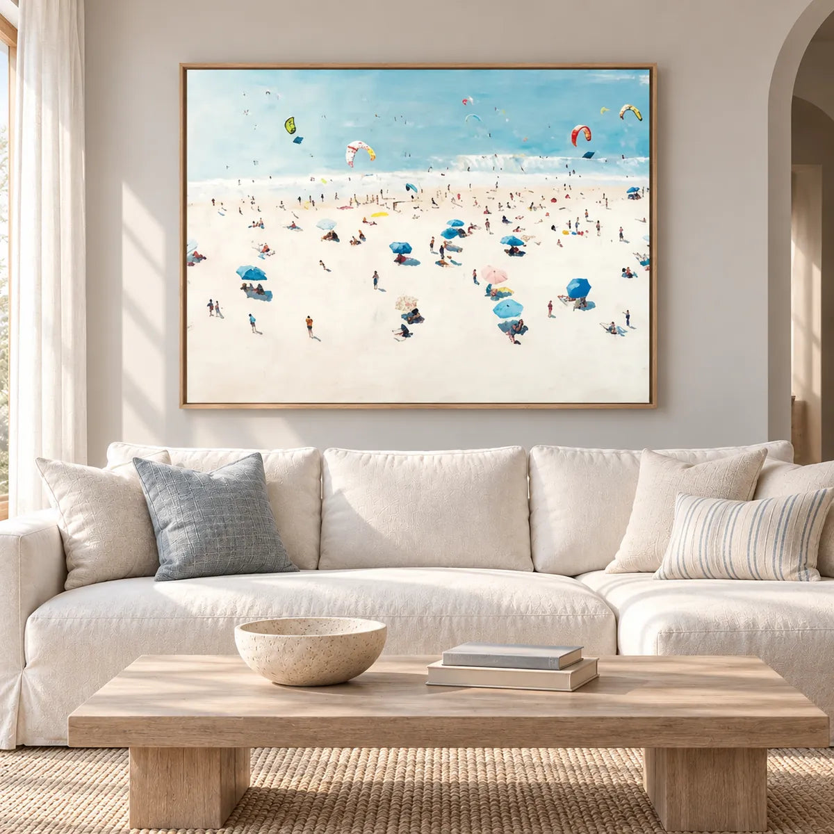 Sunlit Coastal Beach Painting TA#3011 — Wood Frame existing room preview