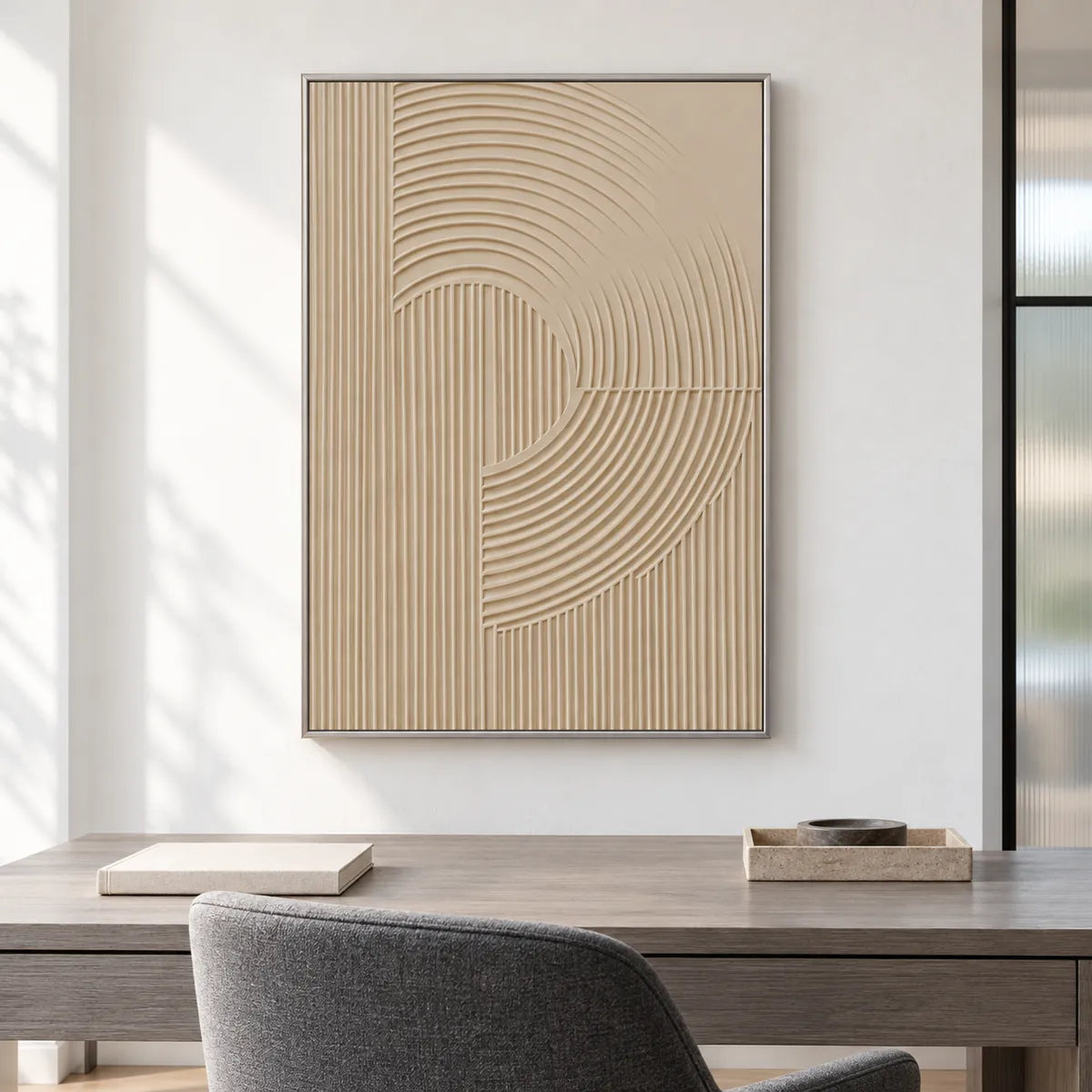 Beige Textured Minimalist Painting TA#3013 — Silver Frame existing room preview