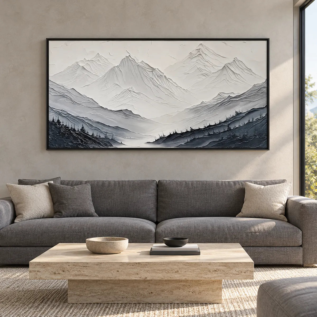 Minimalist Mountain Relief Painting TA#3014 — Black Frame existing room preview