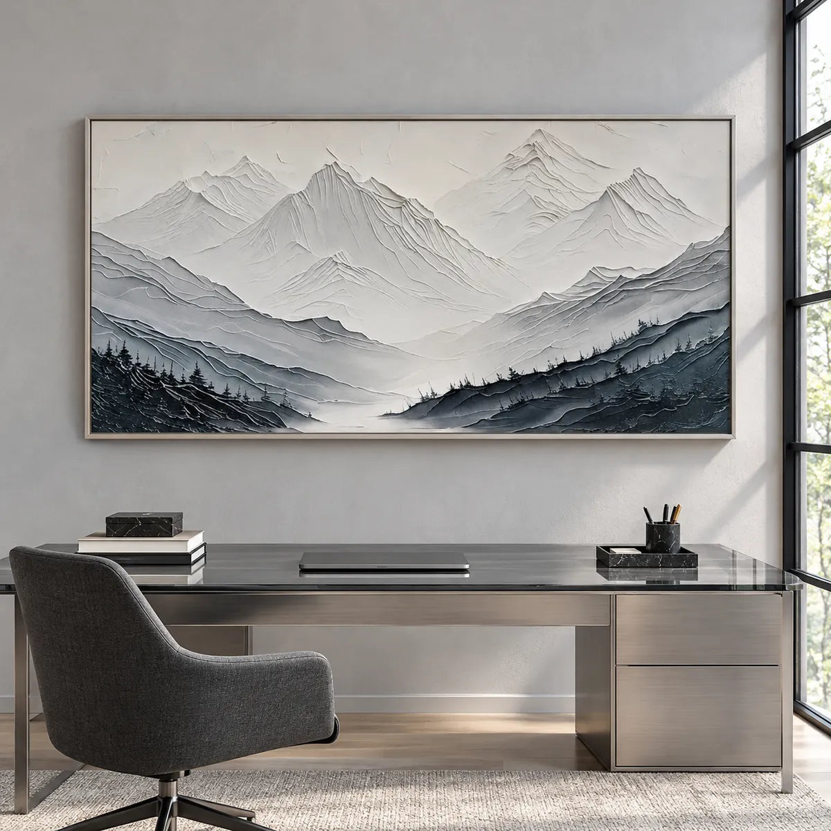 Minimalist Mountain Relief Painting TA#3014 — Silver Frame existing room preview