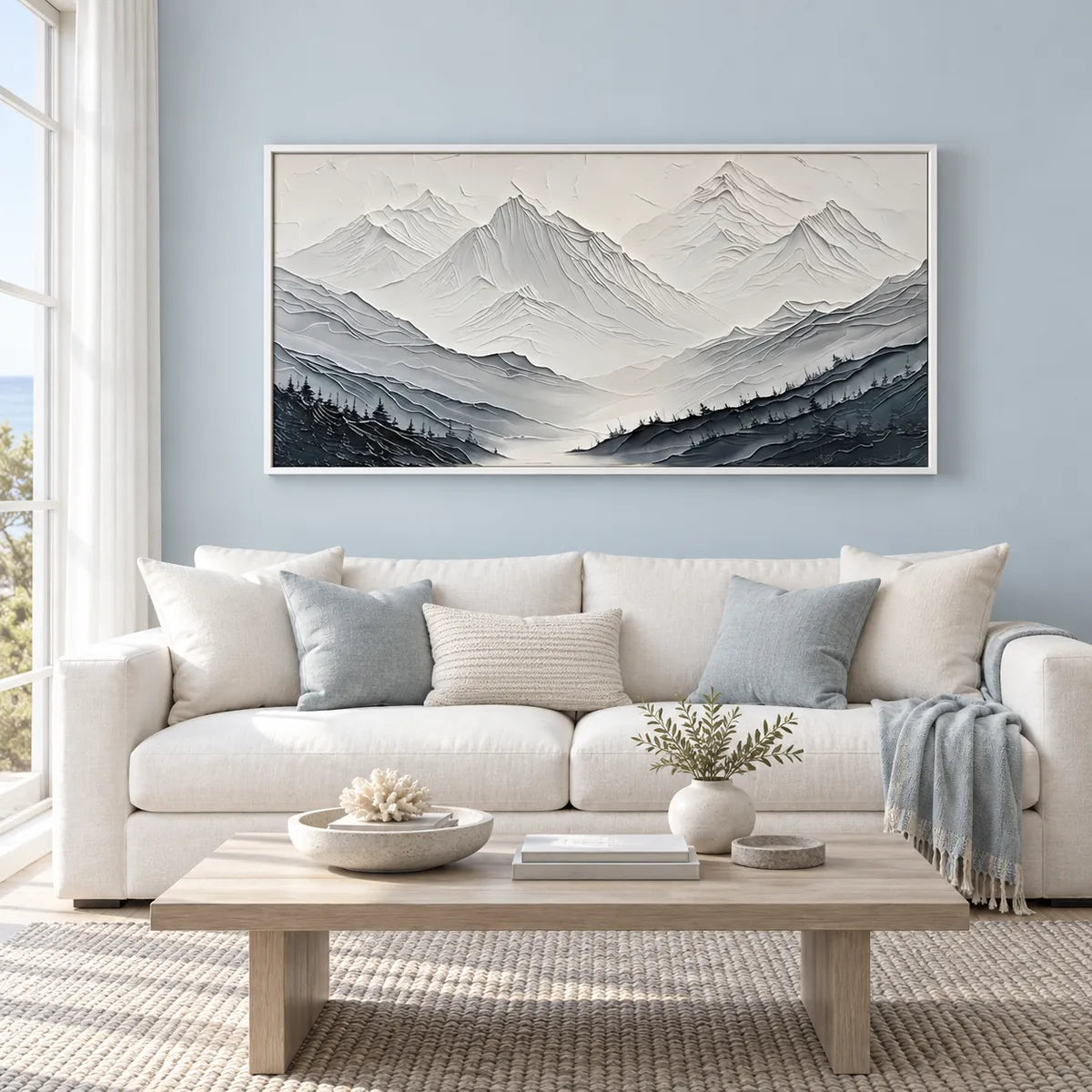 Minimalist Mountain Relief Painting TA#3014 — White Frame existing room preview