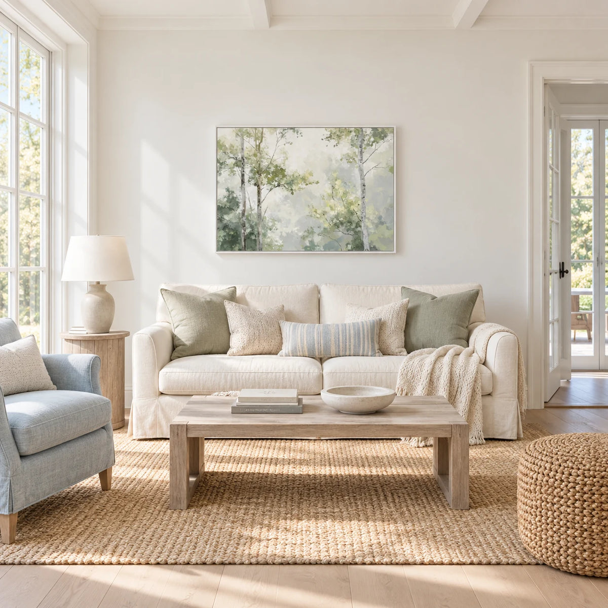 Soft Green Forest Painting TA#3015 — White Frame existing room preview