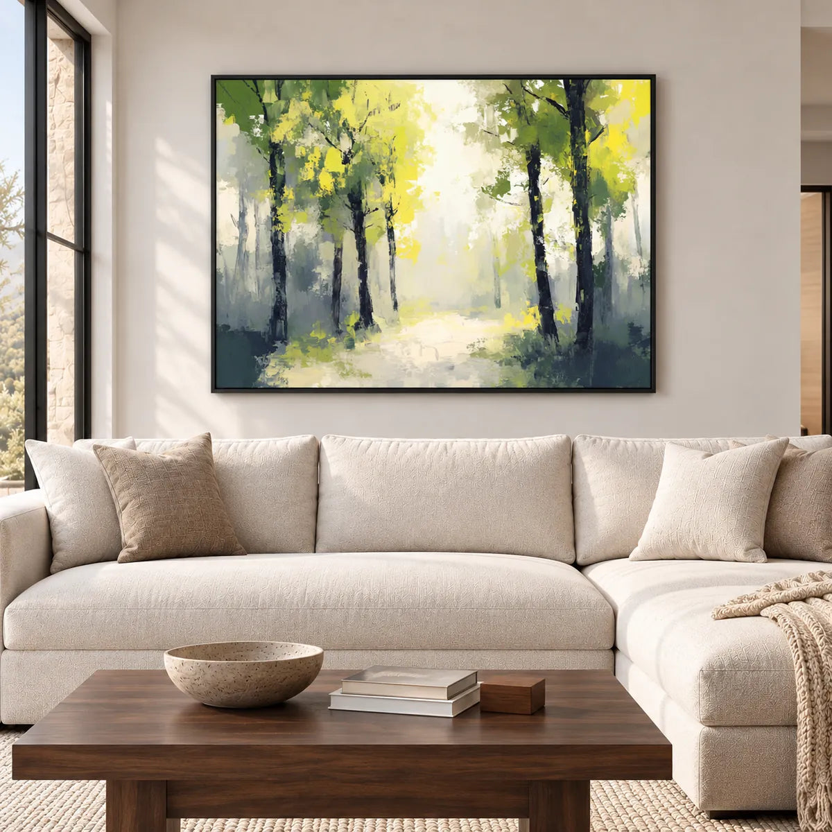 Sunlit Forest Impressionist Painting TA#3016 — Black Frame existing room preview