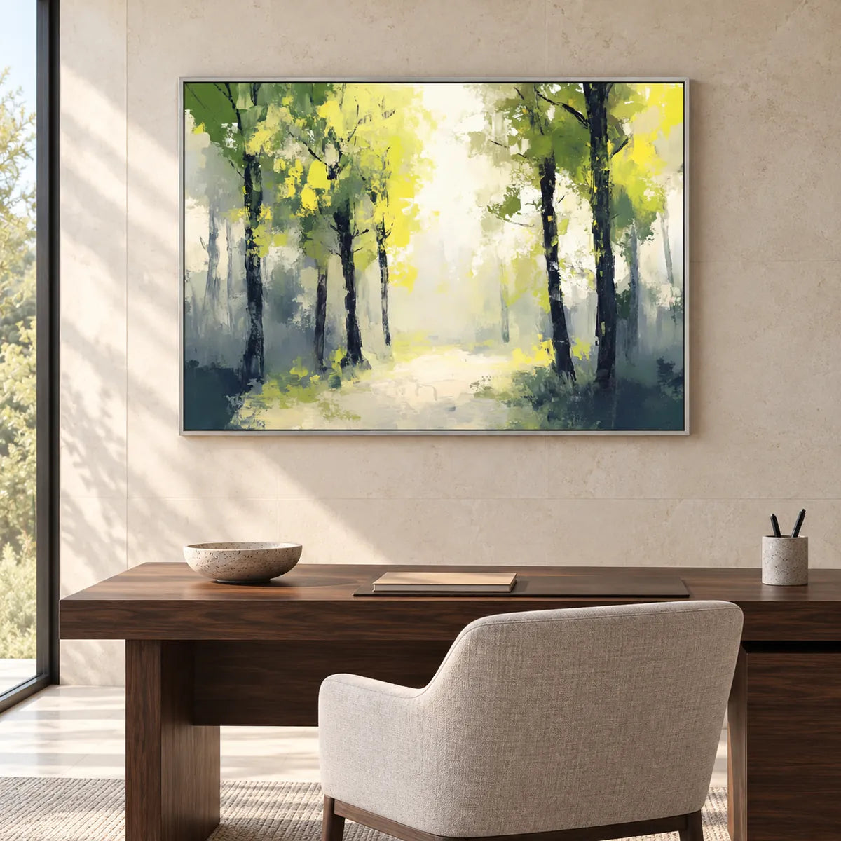 Sunlit Forest Impressionist Painting TA#3016 — Silver Frame existing room preview