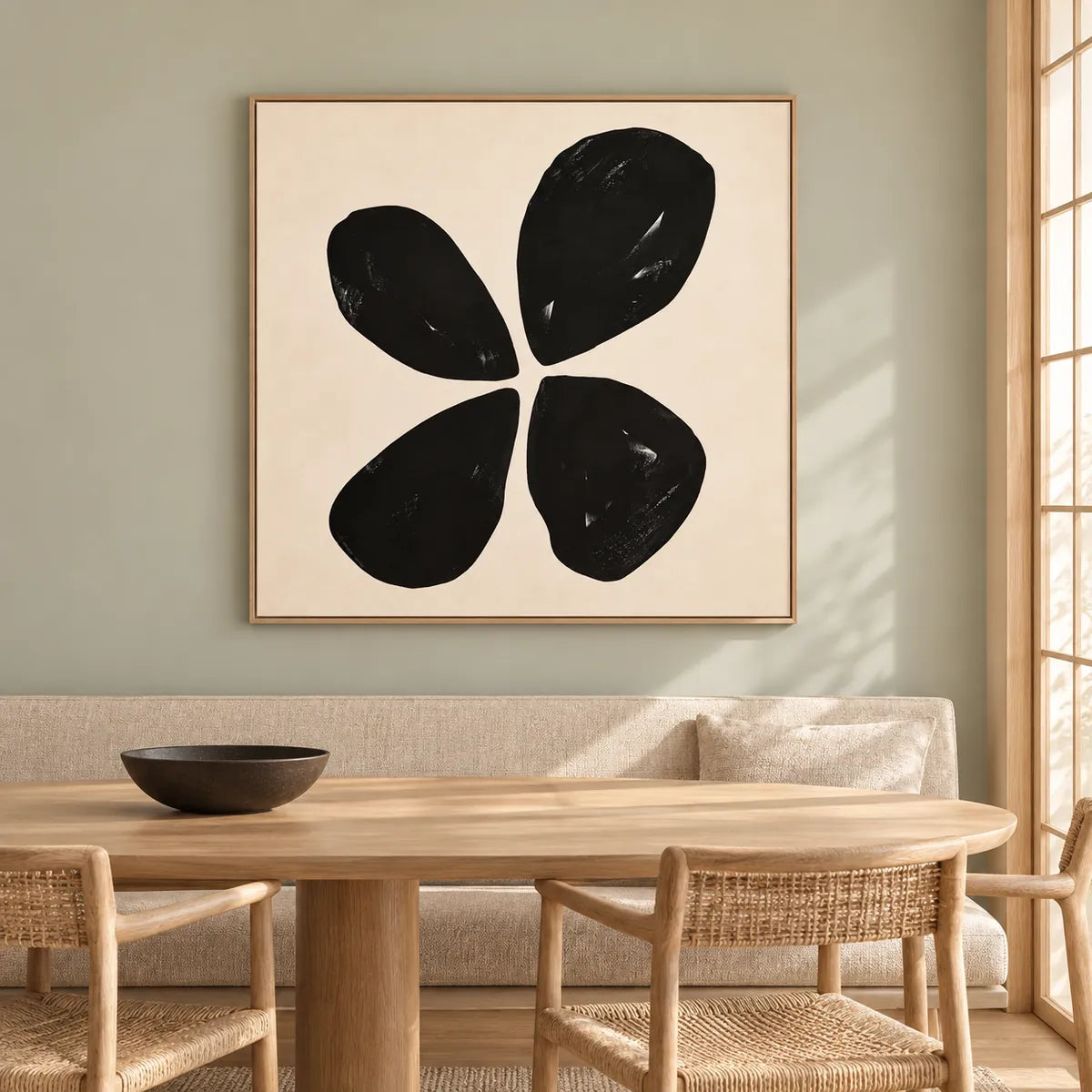 Black Minimalist Floral Painting TA#3017 — Wood Frame existing room preview