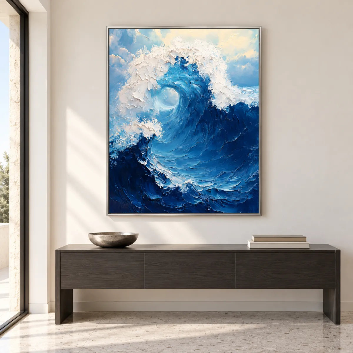 Ocean Wave Impasto Painting TA#3018 — Silver Frame existing room preview