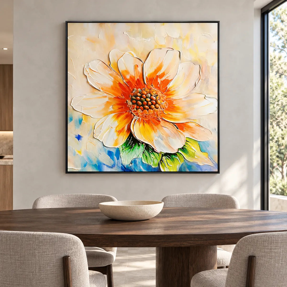 Golden Orange Flower Abstract Painting TA#3019 — Black Frame existing room preview