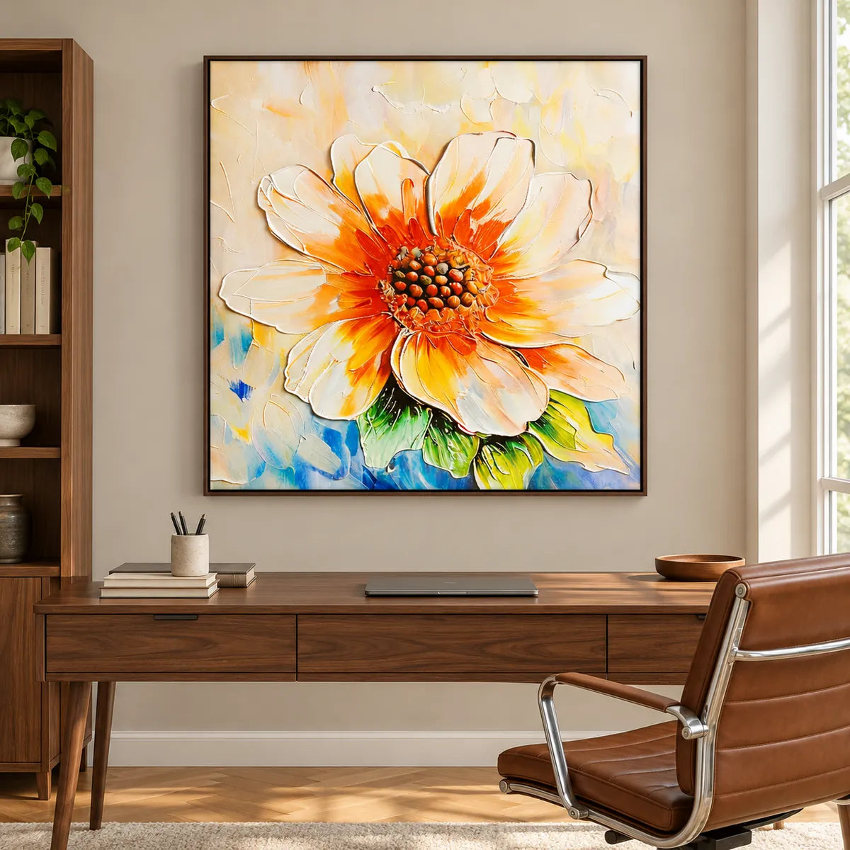 Golden Orange Flower Abstract Painting TA#3019 — Dark Wood Frame existing room preview