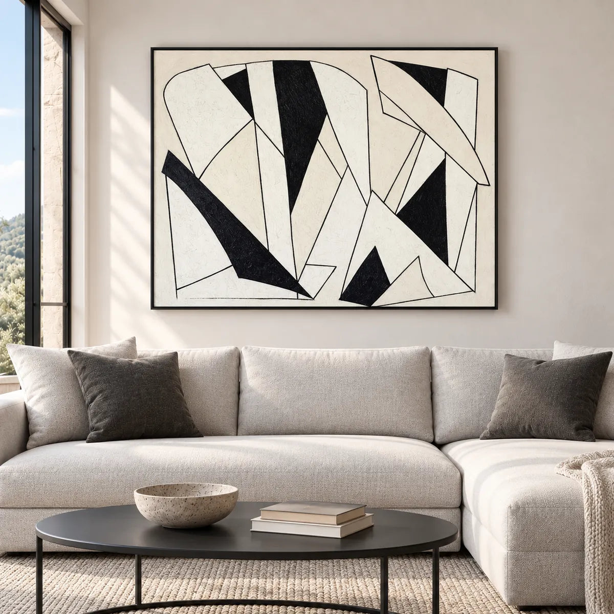 Black & White Abstract Line Painting TA#3020 — Black Frame existing room preview