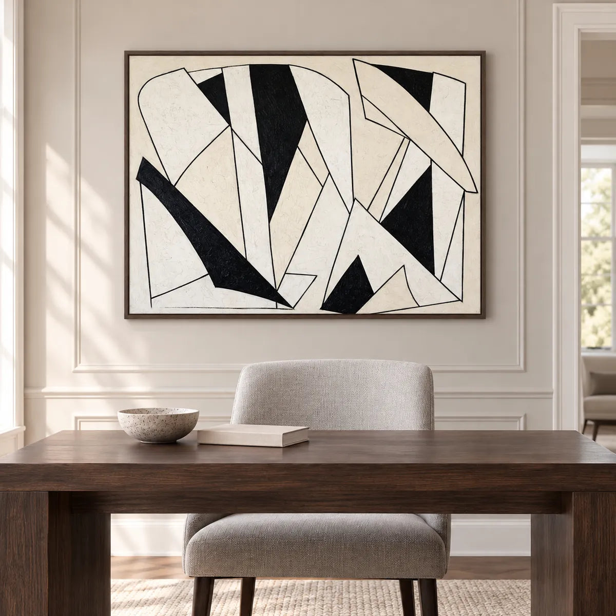 Black & White Abstract Line Painting TA#3020 — Dark Wood Frame existing room preview