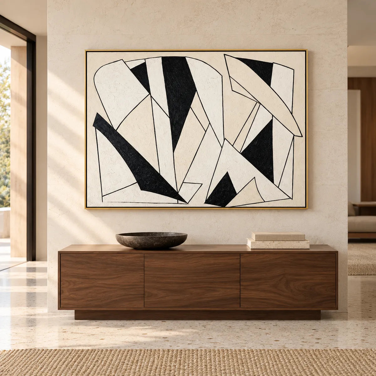 Black & White Abstract Line Painting TA#3020 — Gold Frame existing room preview