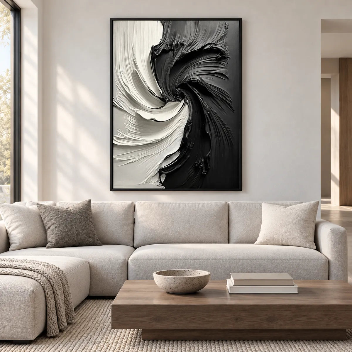Black & White Abstract Swirl Painting TA#3022 — Black Frame existing room preview