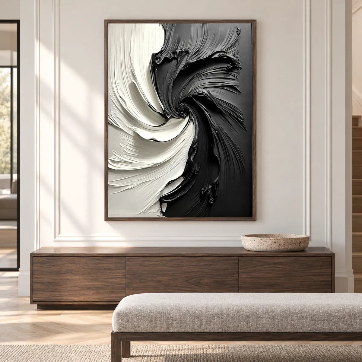 Black & White Abstract Swirl Painting TA#3022 — Dark Wood Frame existing room preview