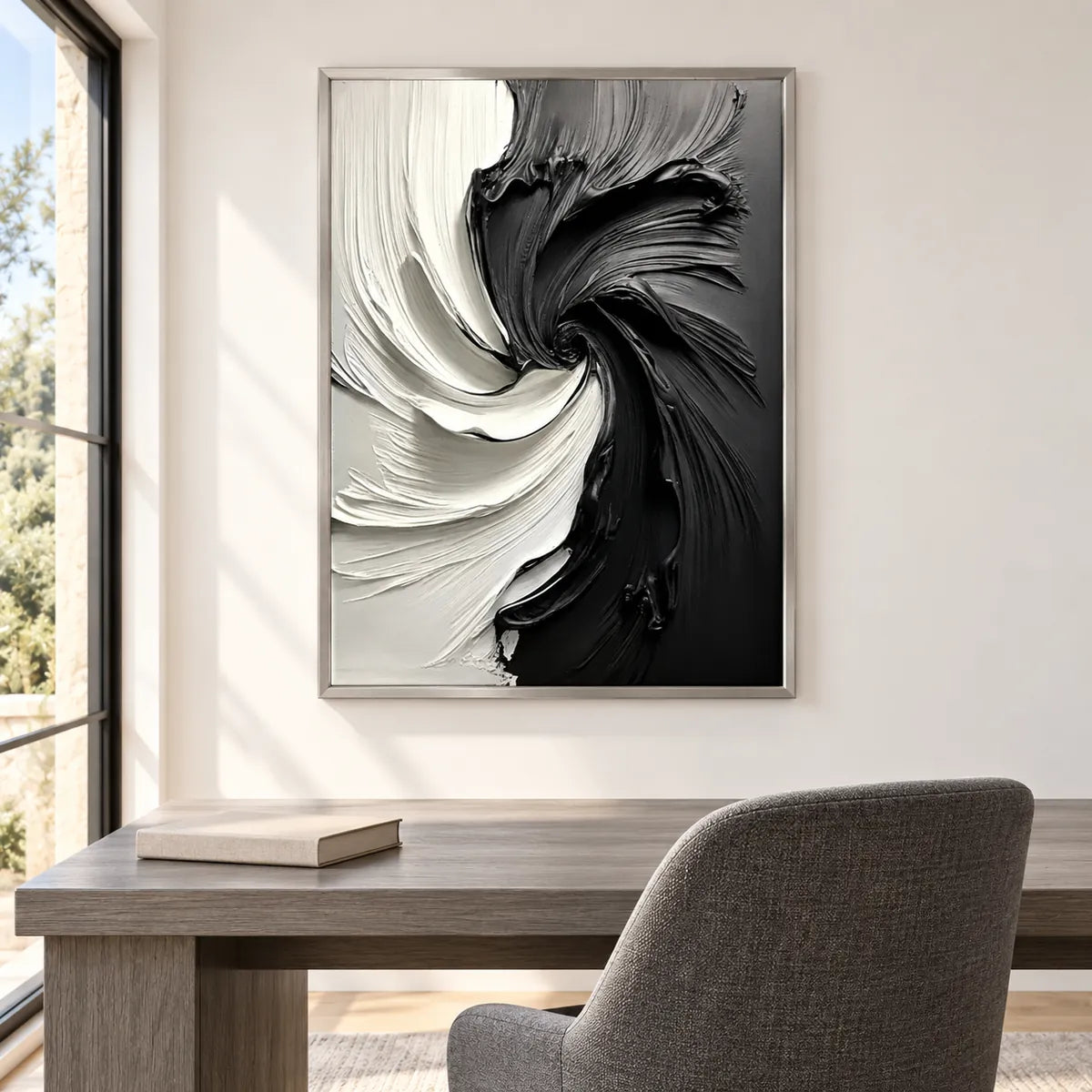 Black & White Abstract Swirl Painting TA#3022 — Silver Frame existing room preview