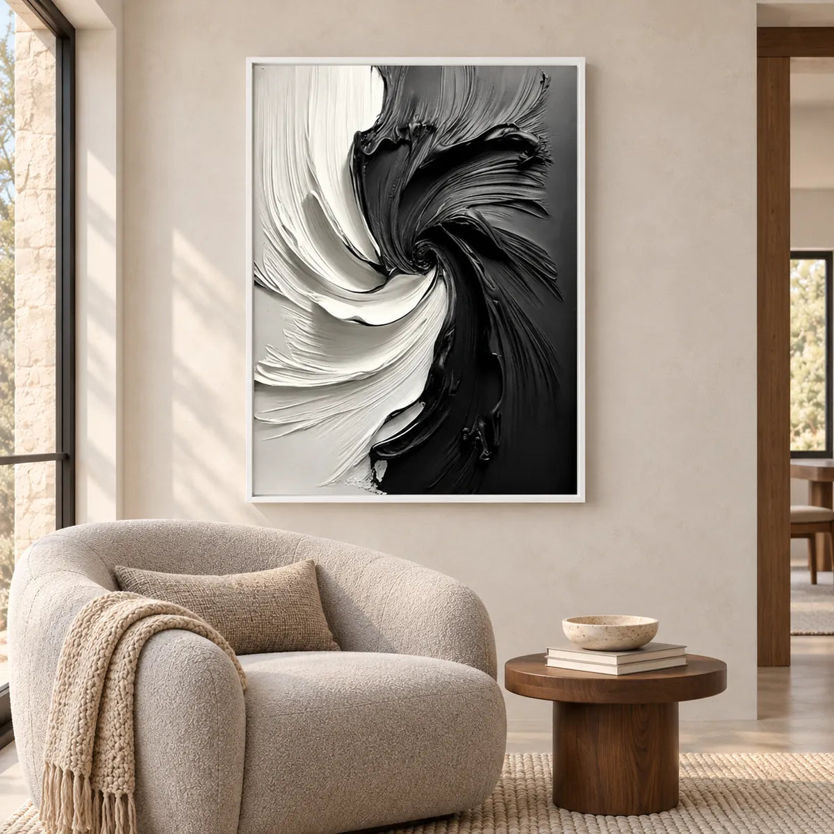 Black & White Abstract Swirl Painting TA#3022 — White Frame existing room preview