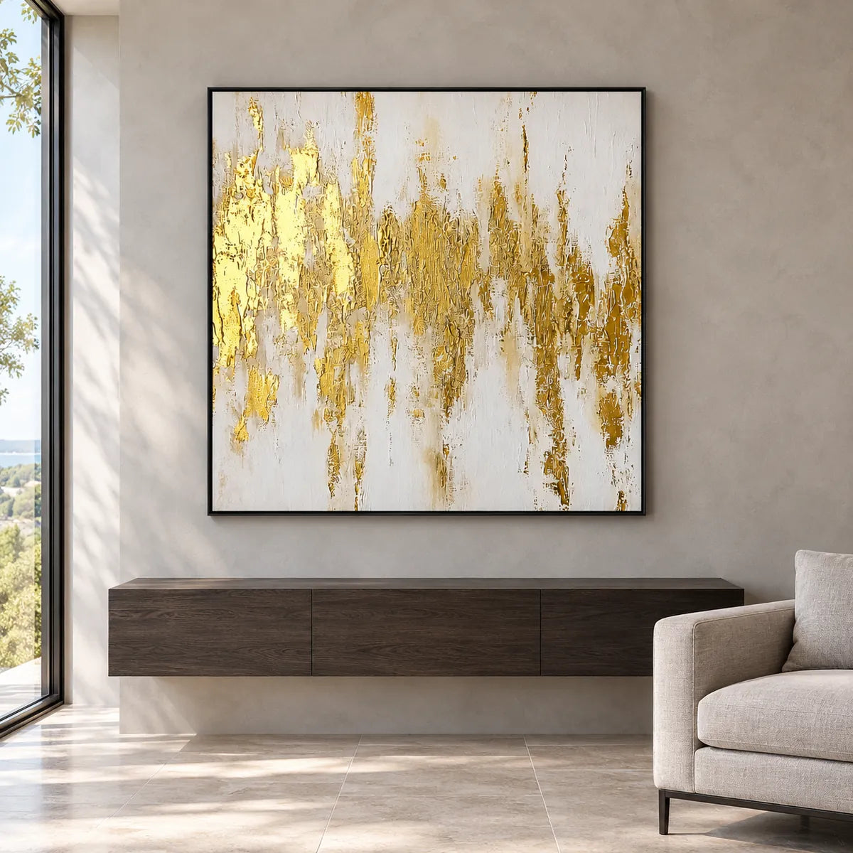 Golden Drift-White Abstract Painting TA#3026 — Black Frame existing room preview
