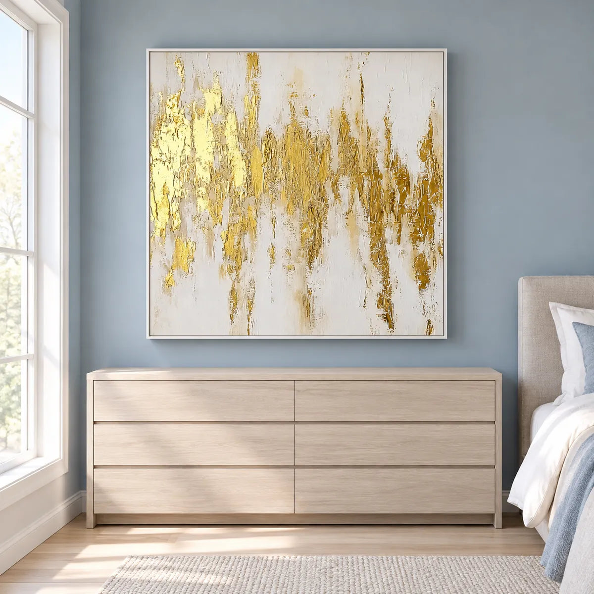 Golden Drift-White Abstract Painting TA#3026 — White Frame existing room preview