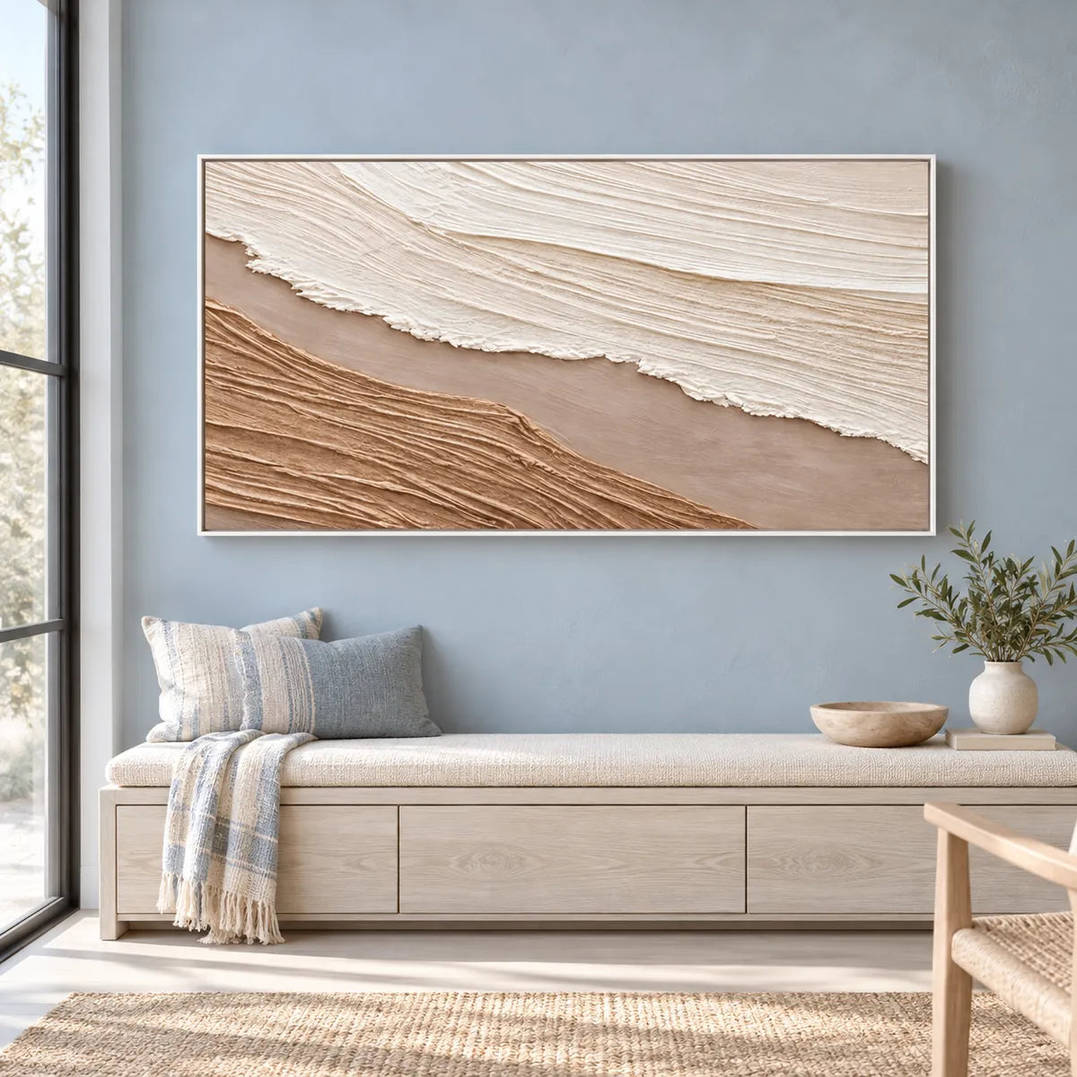 Coastal Abstract Painting TA#3029 — White Frame existing room preview