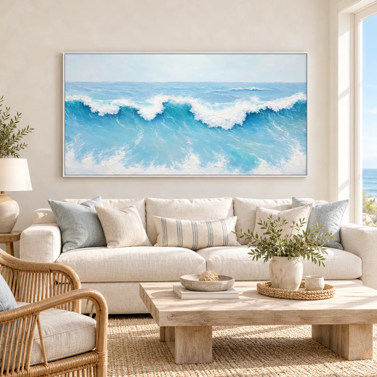 Coastal Wave Painting TA#3031 — White Frame existing room preview