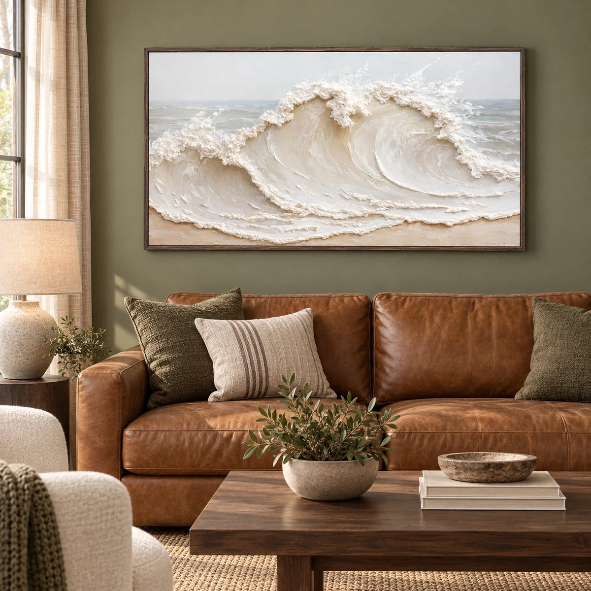 Coastal Wave Painting TA#3032 — Dark Wood Frame existing room preview