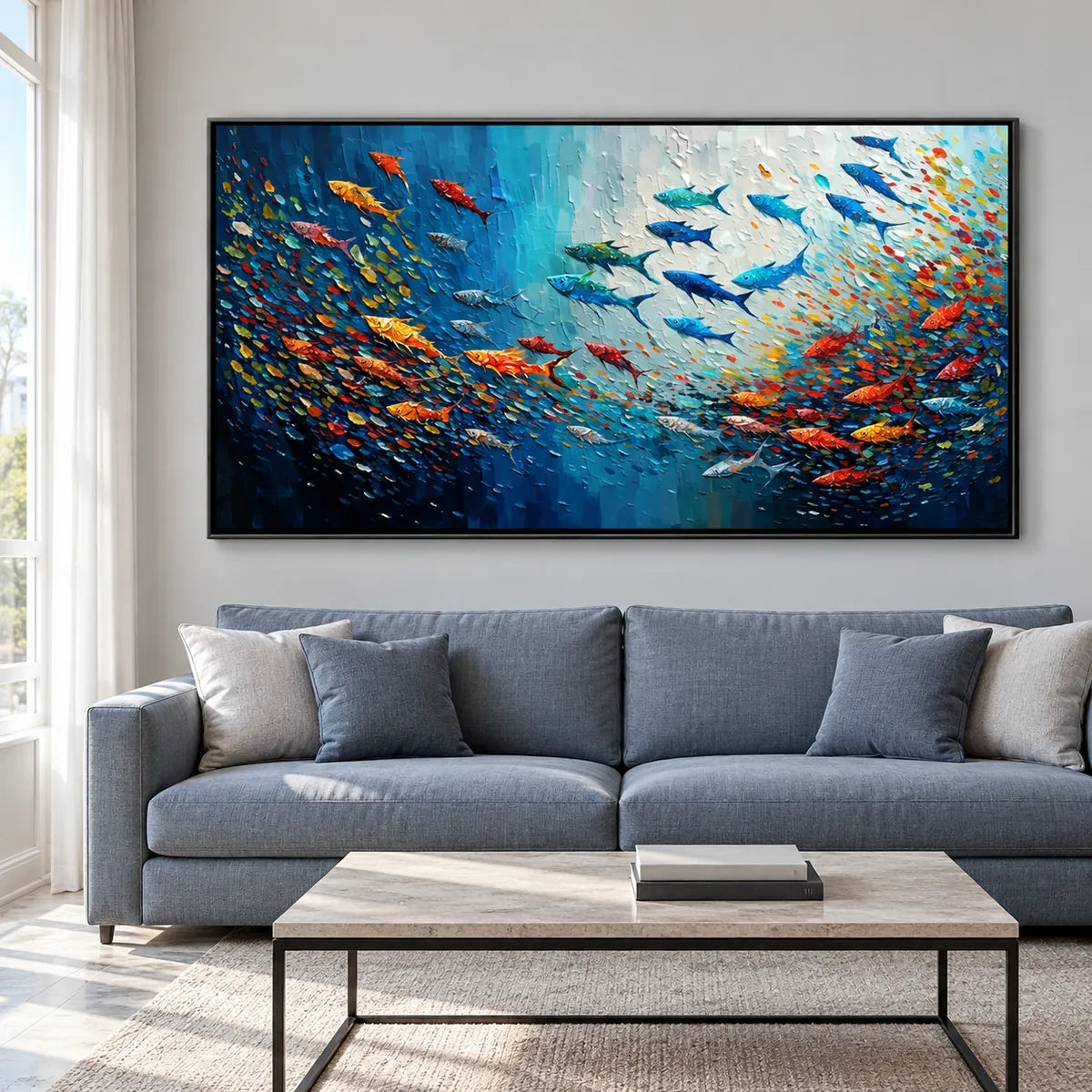 Abstract Fish Painting TA#3037 — Black Frame existing room preview